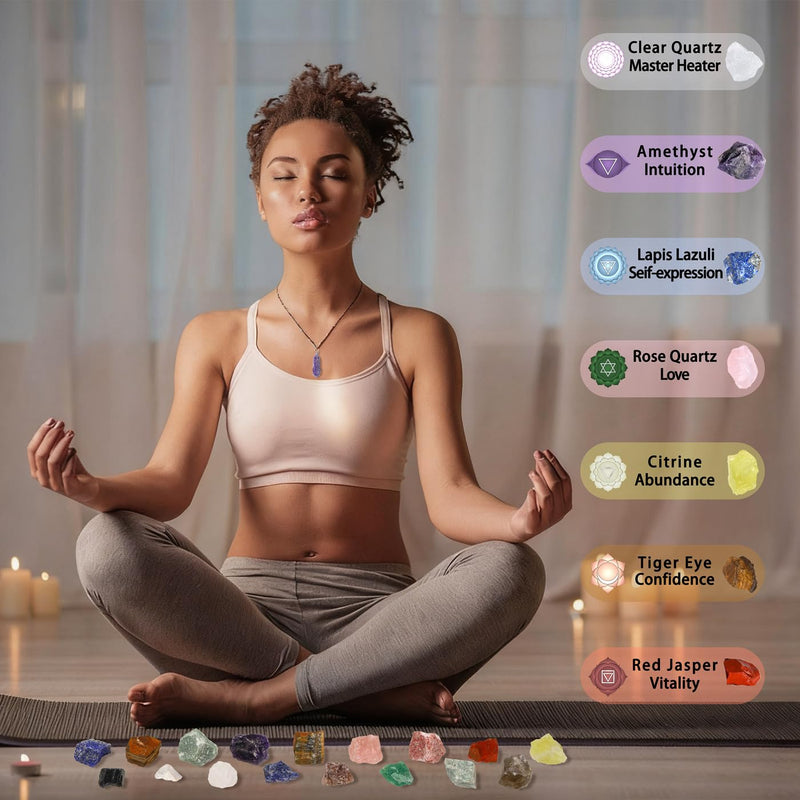 [Australia] - MAIBAOTA 17 Pcs Crystals and Healing Stones 14 Pcs Raw Healing Crystals and Chakra Stones Set Amethyst Rose Quartz Selenite Gemstones Necklace for Meditation Guide for Beginners (with Gift Box) 