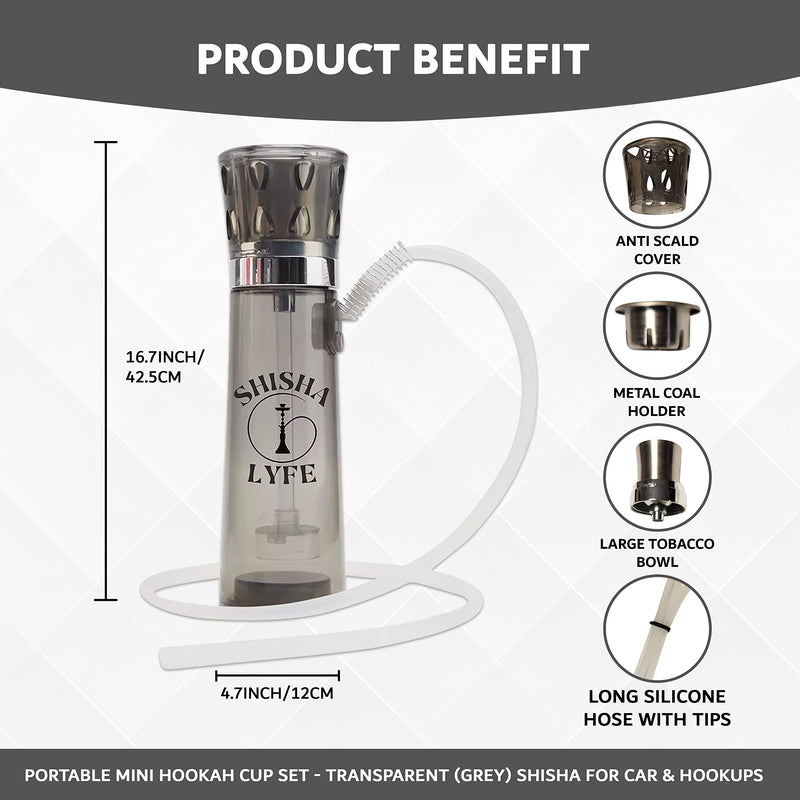 [Australia] - Portable Hookah Mini Cup Set - Transparent (Grey) Shisha for Car & Hookups with LED Lights, Silicone Hose Pipe, Anti-Scald, Charcoal Holder, Tongs, Reusable Straw, Case Cover Protection Grey 