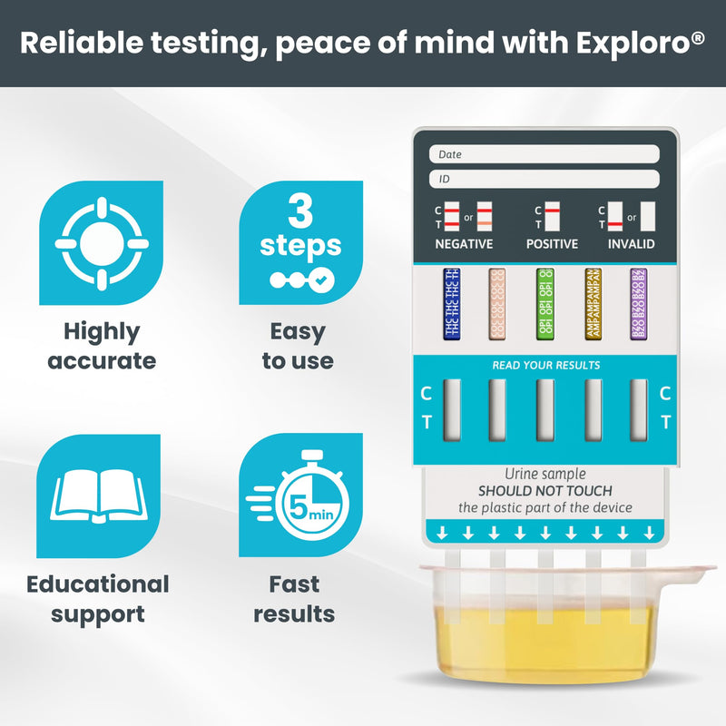 [Australia] - Exploro 5 Panel Drug Test Kit – at Home Urine Drug Test for THC, Cocaine, Opiates, Amphetamines & Benzodiazepines – Rapid & Accurate & Easy at Home Drug Testing Strips (Pack of 10) 10 Count (Pack of 1) 