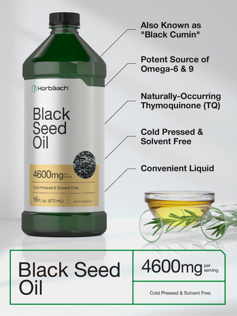 Horbäach Black Seed Oil Liquid 16oz | 4600mg | Cold Pressed Nigella Sativa Supplement | Vegetarian, Non-GMO, Gluten Free, and Solvent Free Formula 16 Fl Oz (Pack of 1)