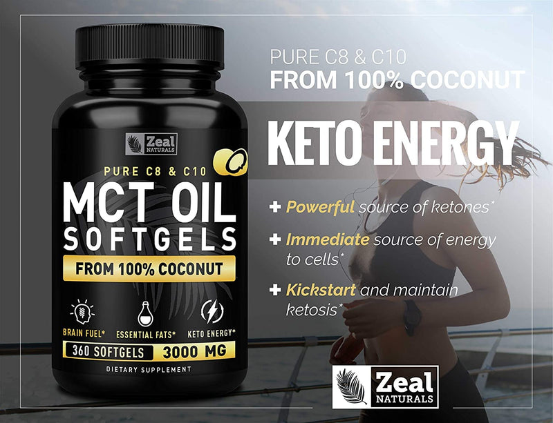 [Australia] - Pure MCT Oil Capsules (360 Softgels | 3000mg) 4 Month Supply Keto Pills w Unrefined Coconut - C10 & C8 Brain Fuel, Energy, Octane Ketosis 