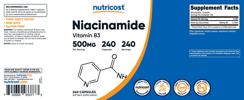 Nutricost Niacinamide (Vitamin B3) 500mg, 240 Capsules - Non-GMO, Gluten Free, Flush Free Vitamin B3 240 Count (Pack of 1)