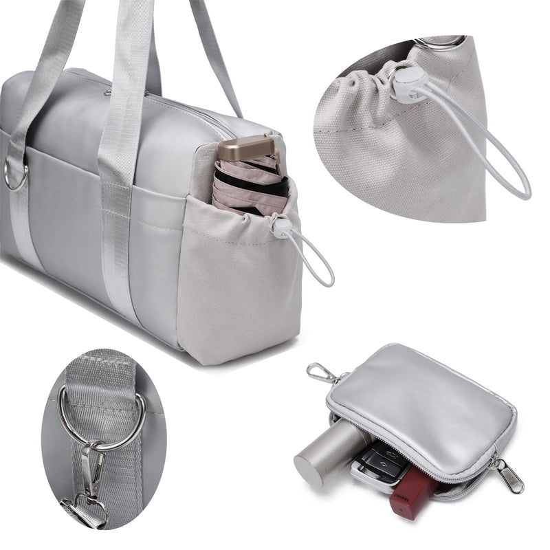 Everyday Mini Gym Bag for Women 2.0, Small Tote with Zipper Compartment Waterproof Travel Duffle Cute Handbag Workout Carry On with Removeable Shoulder Strap & Coin Wallet Easy to Clean-Silver Silver