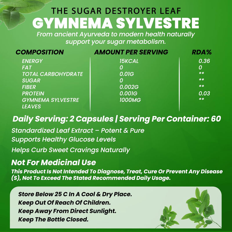 Gymnema Sylvestre Capsule 1000mg | Dietary Supplement for Healthy Blood Sugar Levels | Chromium Picolinate Alternate| Support Metabolism - 60 Capsules