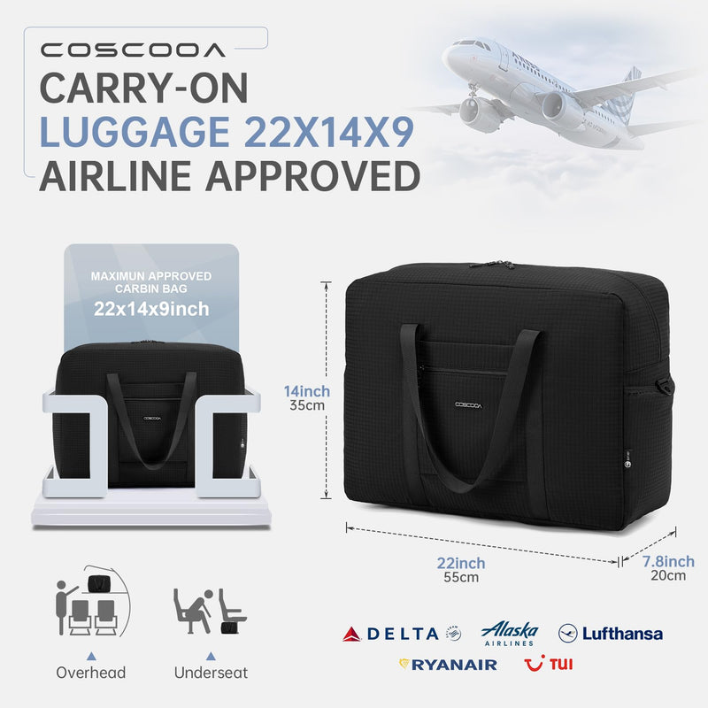 Carry On Luggage 22x14x9 Airline Approved,Lightweight Duffle Bag for Travel, Waterproof Weekender Overnight Bags for Traveling Airplane for Women and Men 40L 22x14x9 inches