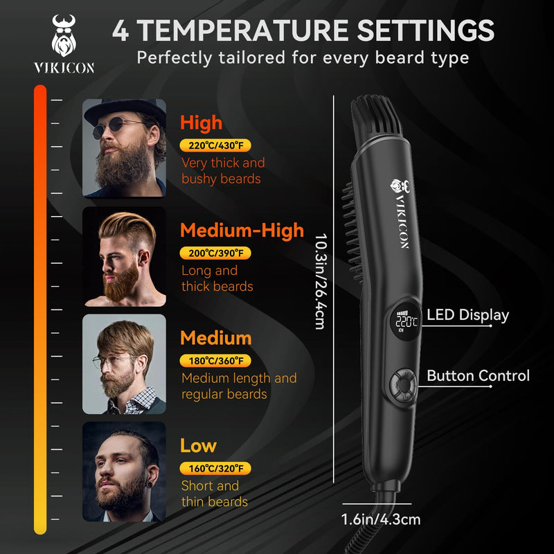 [Australia] - VIKICON 3 in 1 beard straightener brush for men, professional beard comb with volumizer, 4 heat settings (120-220℃) beard straightener, ion beard straightener brush for home/travel, beard and hair styling 