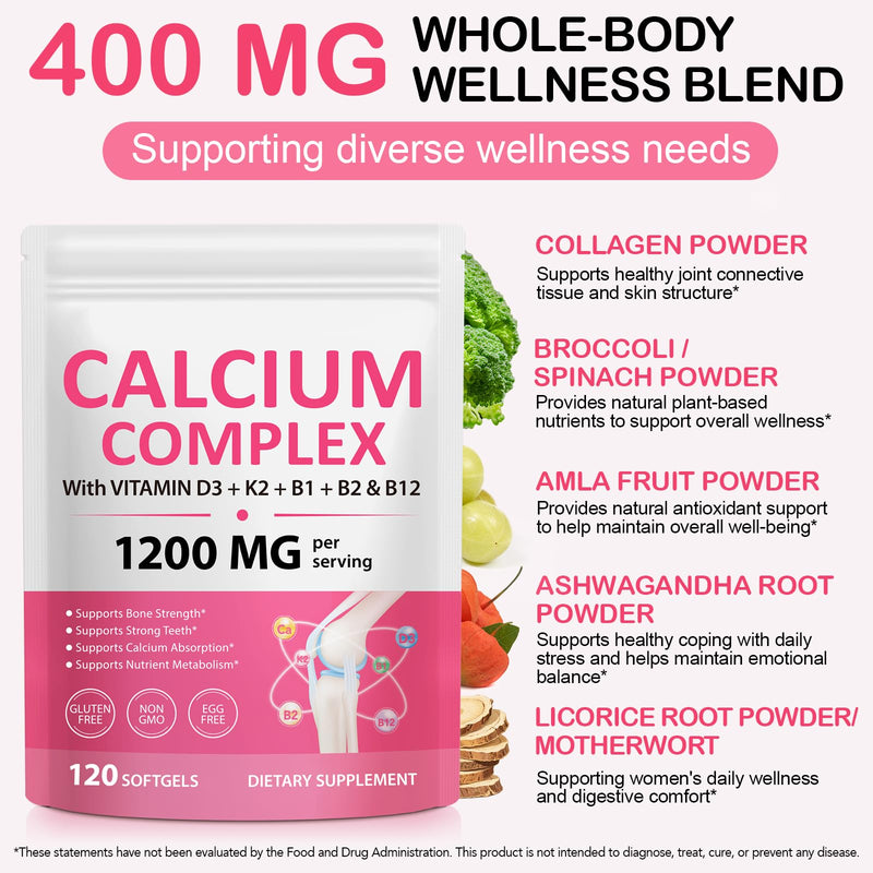 Calcium Supplements, Calcium Complex Softgels with Vitamin D3 & K2,Calcium Supplement for Bone & Teeth Health, Supports Absorption, with B Vitamins B1 B2 B12, Collagen & Plant Nutrients, 120 Capsules