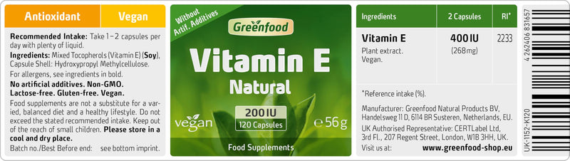 Vitamin E, 200 IU, Vegan, 120 Capsules - Protects Against Free radicals. Without Artificial additives. Without Genetic Engineering. Vegan.