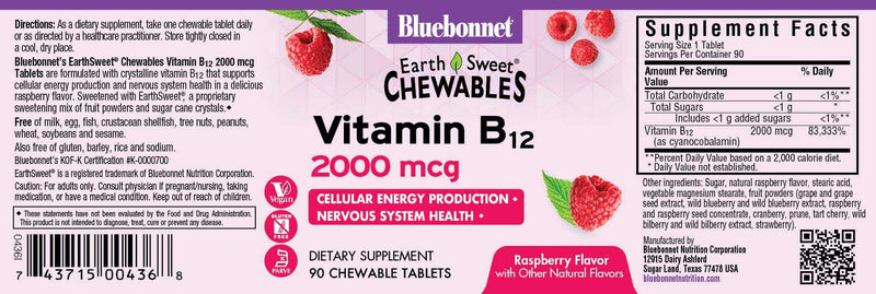 BlueBonnet Nutrition Earth Sweet Vitamin B12 2000 mcg, 90 Chewable Tablets | Vegan, Kosher Certified, Gluten-Free, Soy-Free, Dairy-Free 90 Count (Pack of 2)