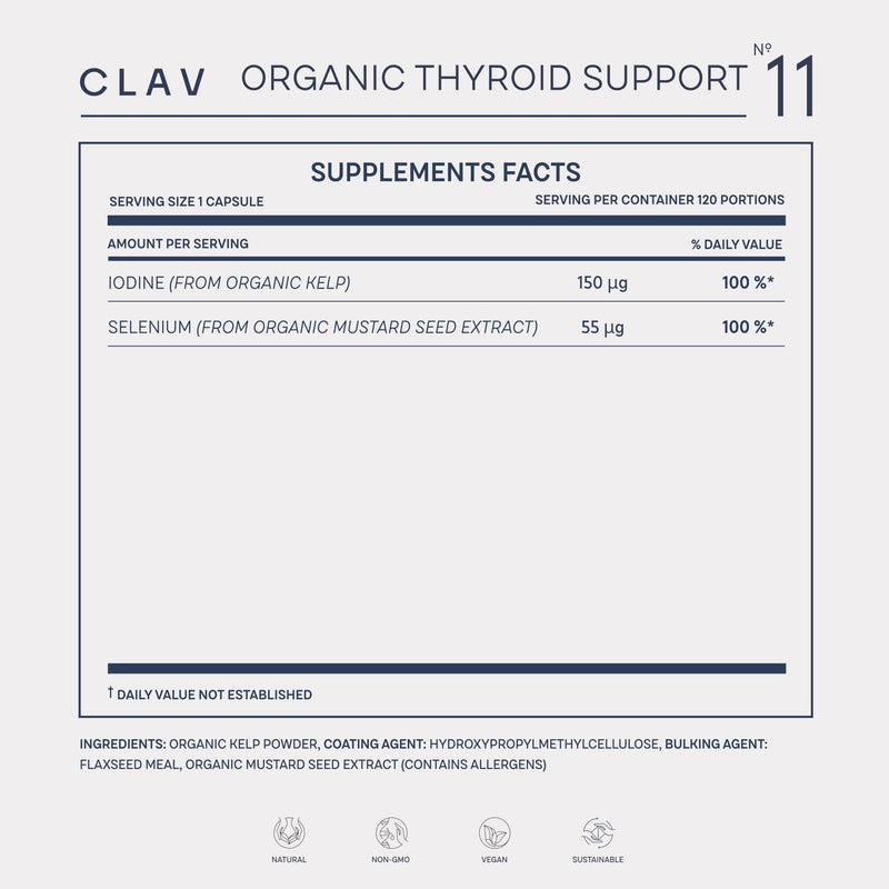 Organic Thyroid Support Supplement with Organic Sea Kelp Iodine and Selenium from Mustard Seed Extract - 120 Capsules - Natural Iodine Supplement for Men & Women - Vegan and Gluten Free