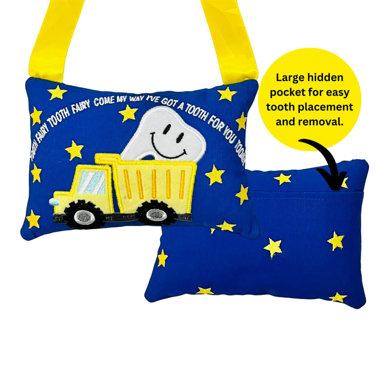 [Australia] - Tooth Fairy Pillow w/ Fun Dump Truck Design - Tooth Fairy Tooth Holder w/ Handle -Large Pocket, Easy Hang Tooth Fairy Accessories for boys - Perfect Tooth Fairy Gift with Cute Saying - 4 x 6 inches 