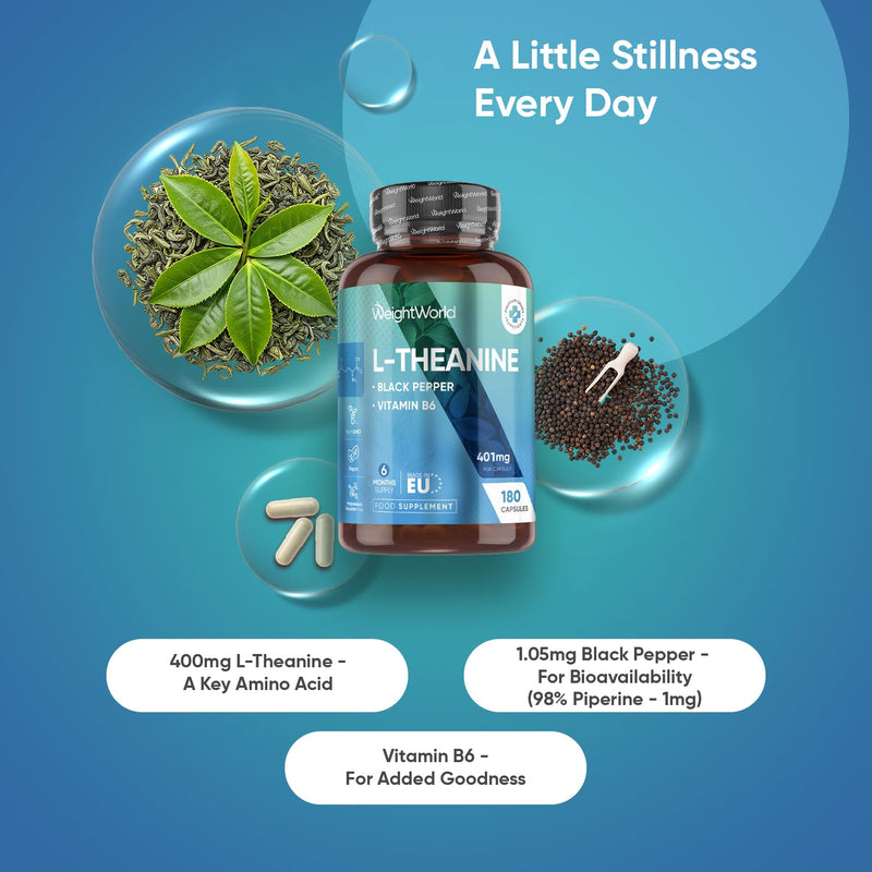 L-Theanine - 401mg - 180 Capsules - 6 Months Supply | with Vitamin B6 & Black Pepper | 1 Capsule per Day | Vegan & Magnesium Stearate-Free - L Theanine Supplement for Men & Women - Made in Europe