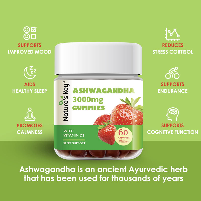 [Australia] - Nature's Key Ashwagandha Gummies, 3000mg High Potency Ashwagandha Root Extract with Vitamin D2, Stress, Calm Mood & Cognition, for Men & Women, Strawberry Flavor (60 Count (Pack of 1) 60 Count (Pack of 1) 