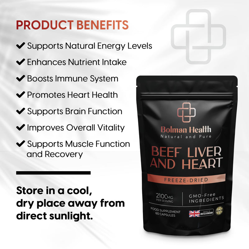 Grass-Fed Beef Liver & Heart Capsules | 2100mg Per Serving | Freeze-Dried Bovine Organ Supplement | Supports Energy, Stamina & Vitality | 60 Capsules | Non-GMO | Gluten-Free