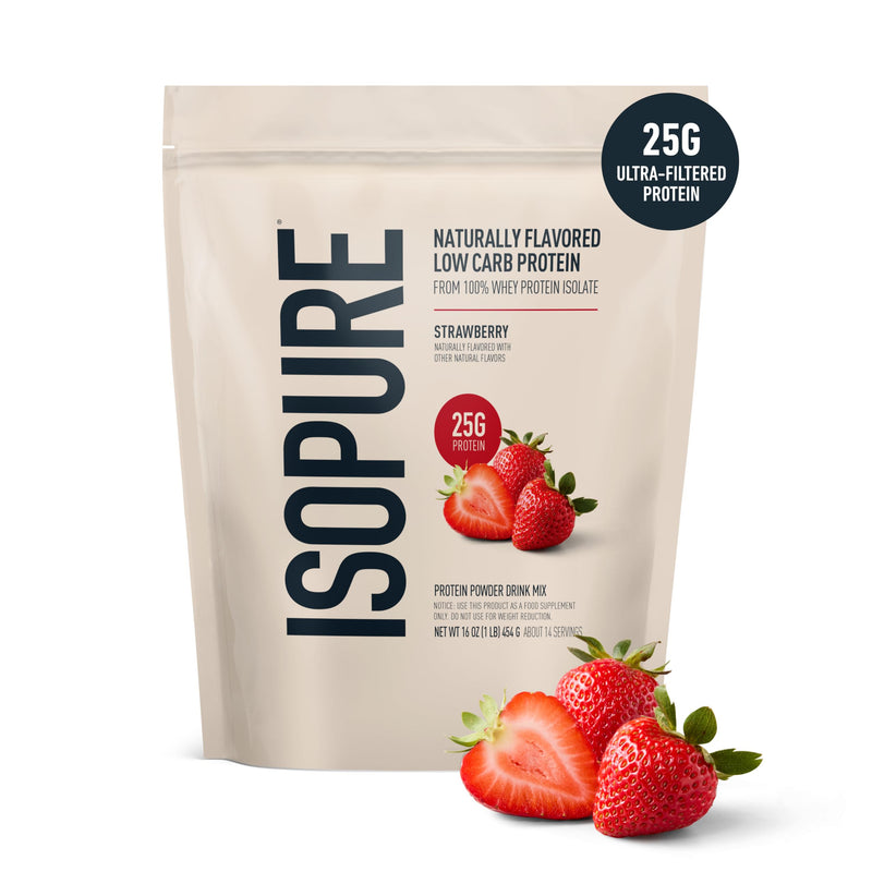 Isopure Low Carb 100% Pure Whey Isolate Protein Powder, Lactose Free, Gluten Free, With Vitamins, Strawberry, 25g Protein Per Serving, 1 Lb, 14 Servings (Packaging May Vary) | 25g Protein Per Serving, 100% Whey Protein Isolate, Lactose Free, Gluten Fre...