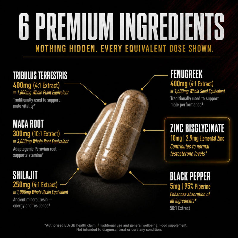 WarBorn Testosterone Supplements for Men - 60 Vegan Tablets (1 Months Supply) with Well-Known Ingredients Like Maca, Fenugreek, Zinc, Shilajit, Tribulus terrestris - Test Boosters for Men