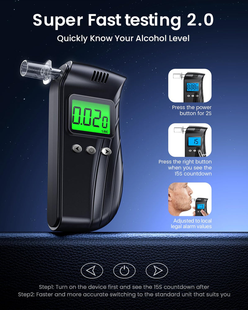 [Australia] - Breathalyzer | Professional-Grade Accuracy Breathalyzers for Alcohol with Used Records | Portable Alcohol Tester for Personal & Professional Use with Easy USB Charging(10 Mouthpieces) Deep Black 