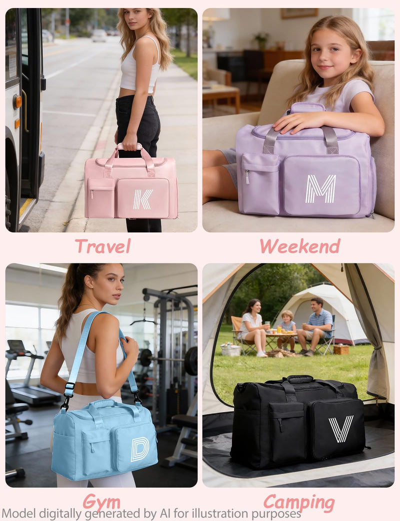 Gifts for Girls Women, Initial kids Duffle bag with Shoe Compartment, Personalized Duffle Bags for Girls Gym Bag, Birthday Gifts for Kids Women Daughter Sister Friend Wife, Pink N