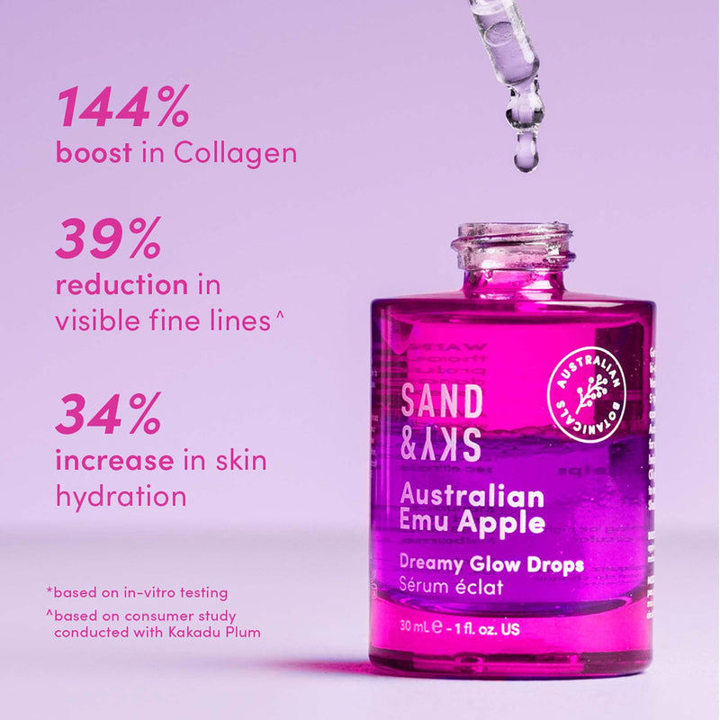 Sand & Sky Vitamin C Serum Hyaluronic Acid Serum Glow Drops - Australian Glow Berries Brightening Face Serum, Fine Line Reducing, Plumping, Dual Phase, 1 fl oz