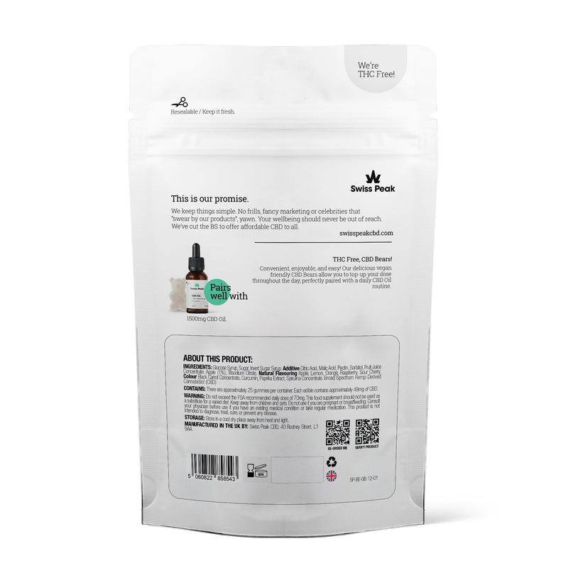 Swiss Peak 1200mg CBD Gummies, Delicious Edible Bears, UK-Made, Vegan, THC-Free, Premium CBD for Relaxation & Wellness, On-the-Go Grab Bag – 25 Gummies Per Pack