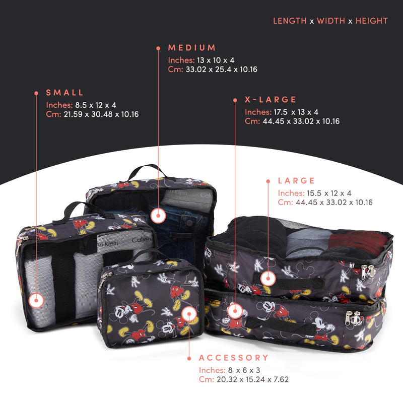 Disney Minnie Mickey Stitch Packing Cubes - Winnie the Pooh, Princess Cinderella, Cars, Toy Story 5 Piece Packing Cubes Compression - Travel Essential - Luggage Suitcase Organizer Set Black