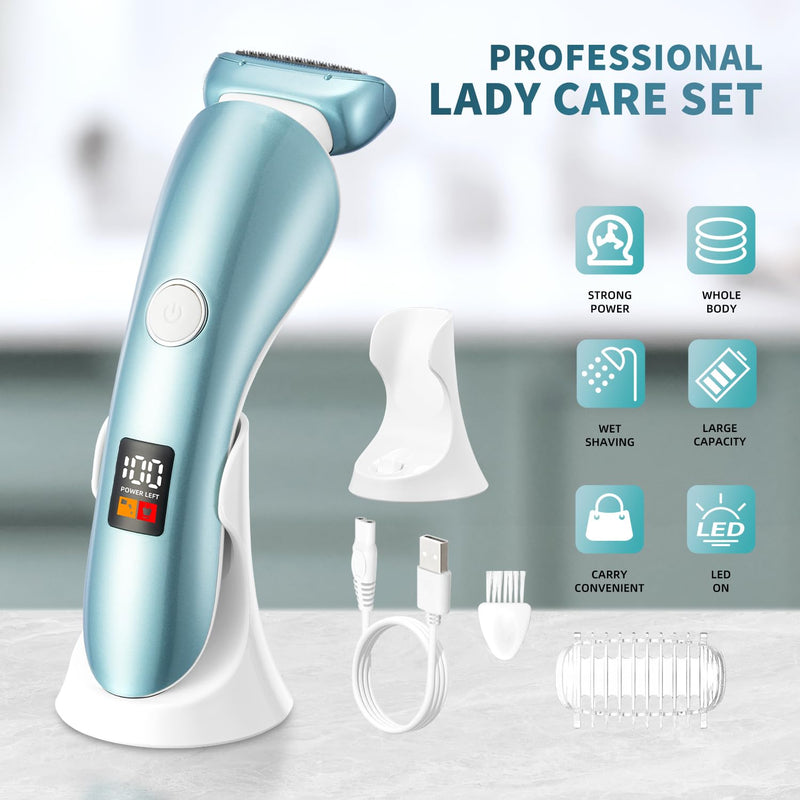 [Australia] - Electric Razors for Women, Bikini Trimmer Wet & Dry Use, Painless Pubic Hair Trimmer, Rechargeable Electric Shaver for Legs, Face, Pubic Hair, Underarms with Detachable Head, Blue 