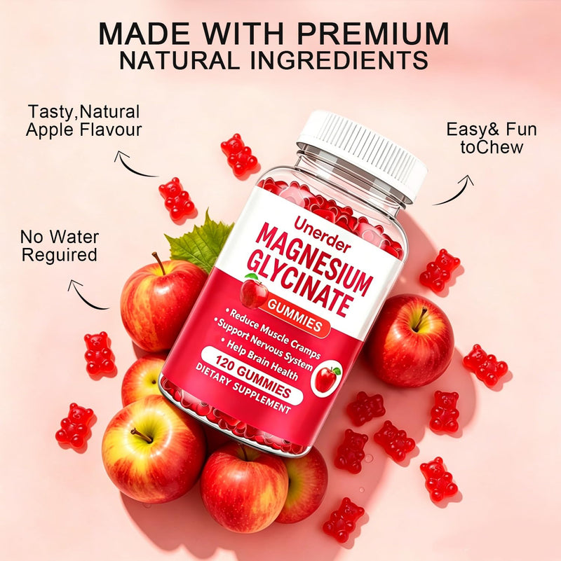 Magnesium Glycinate Gummies - 400mg High Absorption Formula for Sleep, Stress Relief & Muscle Health - Apple Flavor, 60 Days Supply for Adults,Non-GMO,120 Gummies
