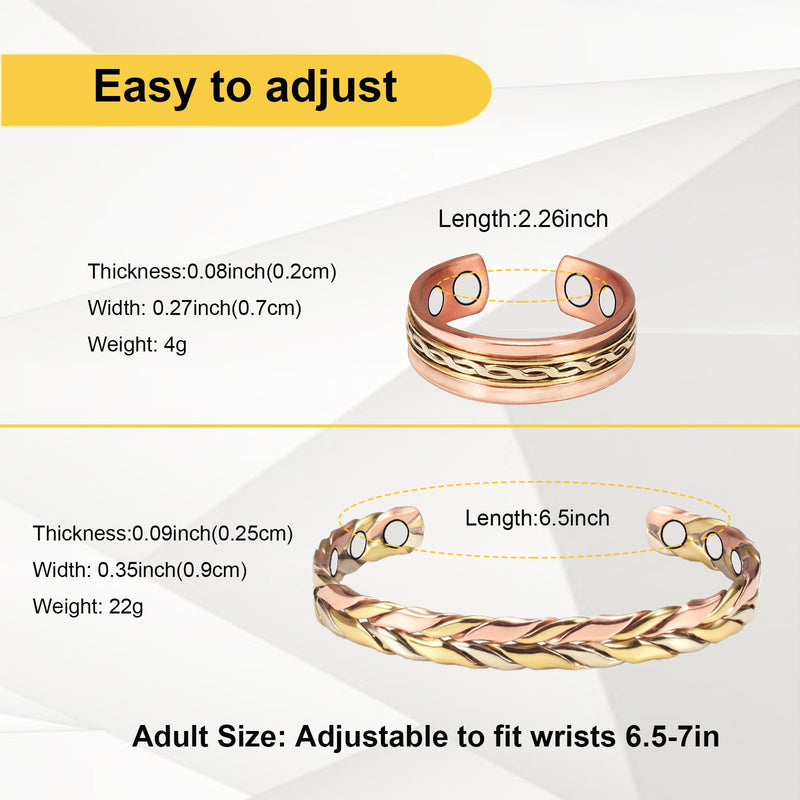 [Australia] - Copper Bracelet for Women & Copper Ring, Set Pure Copper Adjustable Braid Bracelet with Magnets, Mother's Day Jewelry Presents(1004 0169R) 
