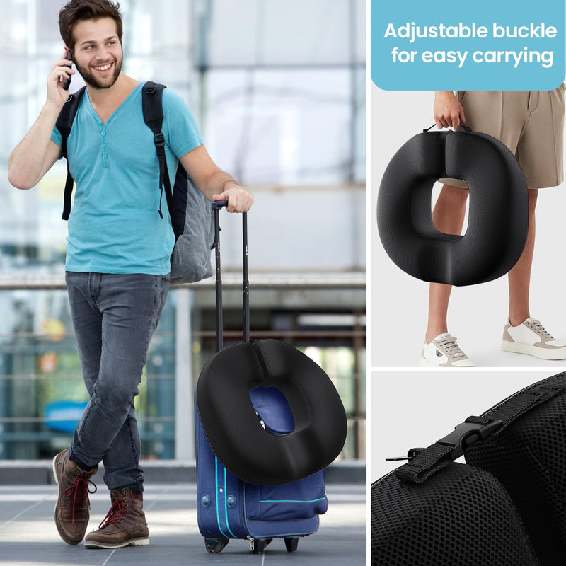 [Australia] - Benazcap Donut Pillow Seat Cushion for Tailbone Pain Relief, Strong Support Memory Foam Hemorrhoid Pillow by Ergonomic for Coccyx, Sciatica, Pregnancy, Postpartum 17.3"x15.3"x3" Black 