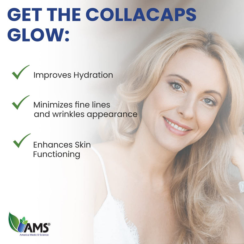 America Medic & Science Colla Caps (60 Caplets) | Collagen and Hyaluronic Acid Supplement with Vitamin C | for Men and Women | Repairs and Restores Skin Elasticity | Promotes Healthy Hair Growth 60 Count (Pack of 1)