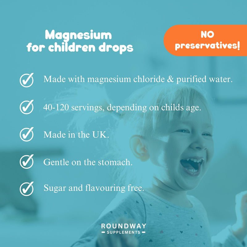 Magnesium for Kids Drops | Supports Sleep & Relaxation, Helps Calm & Focus, Ionic Liquid Supplement for 0-11 Years | Unflavoured, Mix with Water or Milk by Roundway Supplements | Long Supply