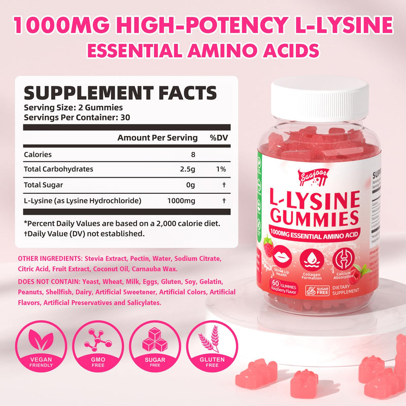 [Australia] - L-Lysine 1000mg Gummies for Immune Support & Skin Health - Vegan, Gluten Free Amino Acid Supplement for Adults, Raspberry Flavor, 60 Gummies 1pack 