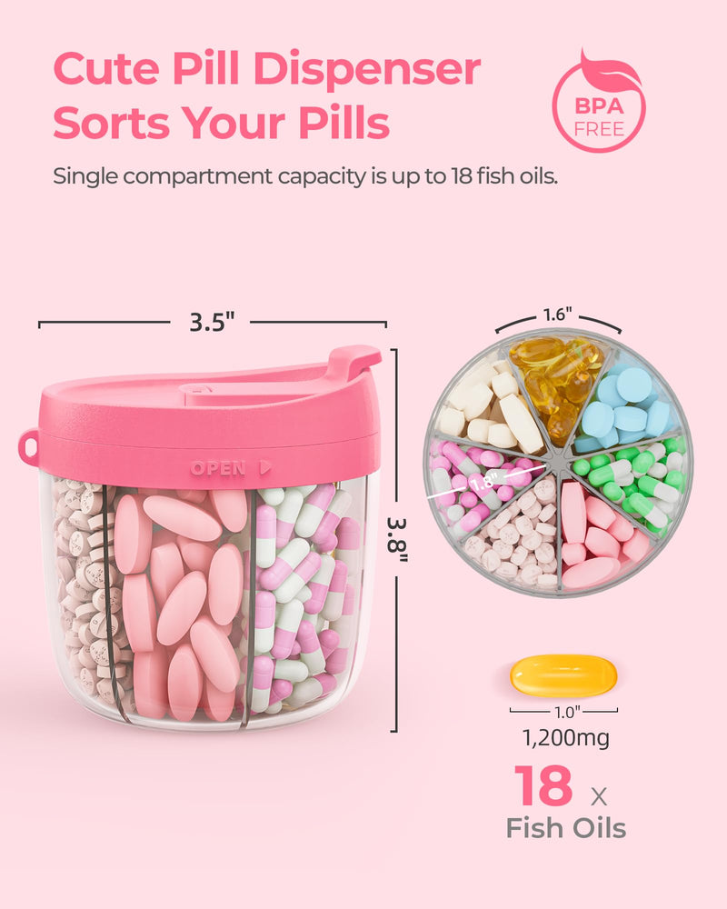 AMOOS Cute Pill Dispenser with Anti-Mix Design, 7-Slot, BPA-Free, Patented | Portable Pill Organizer, Wide Mouth for Easy Access, Pill Bottle Organizer for Vitamins, Fish Oils, Supplements, Hot Pink