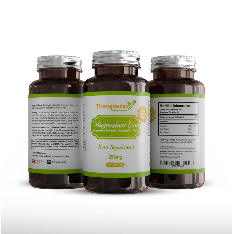 Magnesium Glycinate & Magnesium Malate Blend | High Strength | 250mg | 60 Veg Capsules | Premium Quality | Made in UK | Vegan | Magnesium Duo