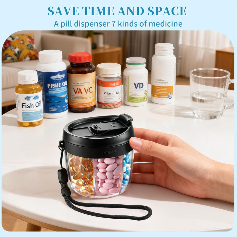 Pill Organizer,Travel Essentials Pill Container, Travel Pill Dispenser with Black Lid，Pill Case Having 7 Large Compartments,Vitamin Organizer for Home Organization,Travel Containers