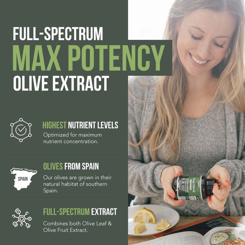 [Australia] - Total Olive® - Olive Leaf Extract (40% Oleuropein) Plus Olive Fruit Extract (20% Hydroxytyrosol) – Full Spectrum Extract Grown & Extracted in Spain – BioPerine Absorption Enhancement (60 Count) 