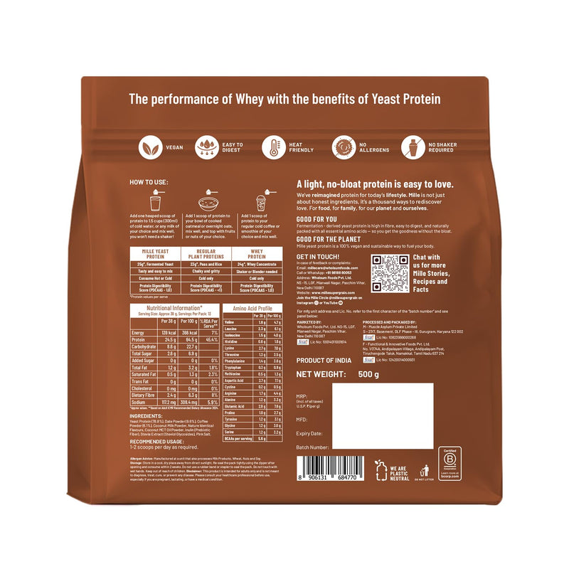 Mille Plant Protein | 25g Protein/Scoop | Coffee Hazelnut | Fermented Yeast Protein Powder | NO BLOAT | NO Added Sugar | Vegan | Has All 9 Essential Amino Acids | No Adulteration | 500g 500g (Single Container)