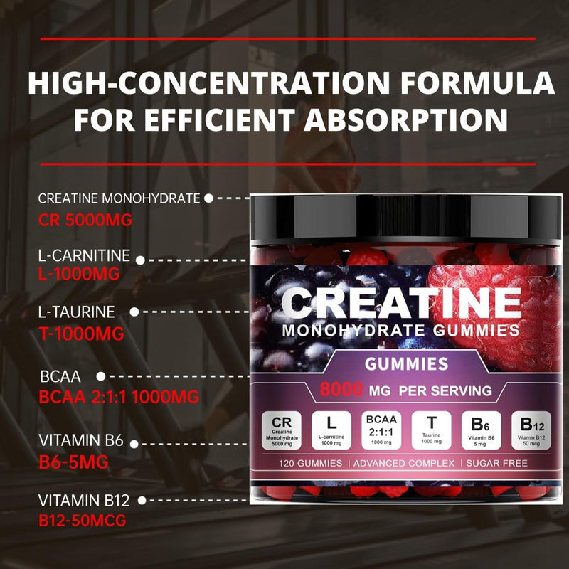Creatine Monohydrate Gummies, 8000mg Complex, 120 Count, Sugar-Free with BCAA, L-Carnitine, Taurine and Vitamins, for Muscle Strength and Recovery
