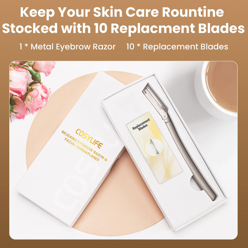 [Australia] - Eyebrow Razor Dermaplaning Tool with 10 Blade Refills Exfoliating Face Razors for Women Facial Razor for Peach Fuzz and Eyebrow Hair Removal Silver 
