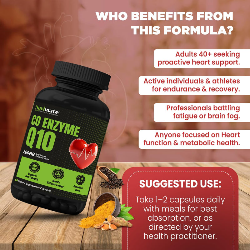 CoQ10 Supplement Capsules from Ubiquinone| Coenzyme Q10 200mg Capsules Potent Antioxidant Supplement Support Heart Health & Energy Production with Highest Bioavailability - 60 Count