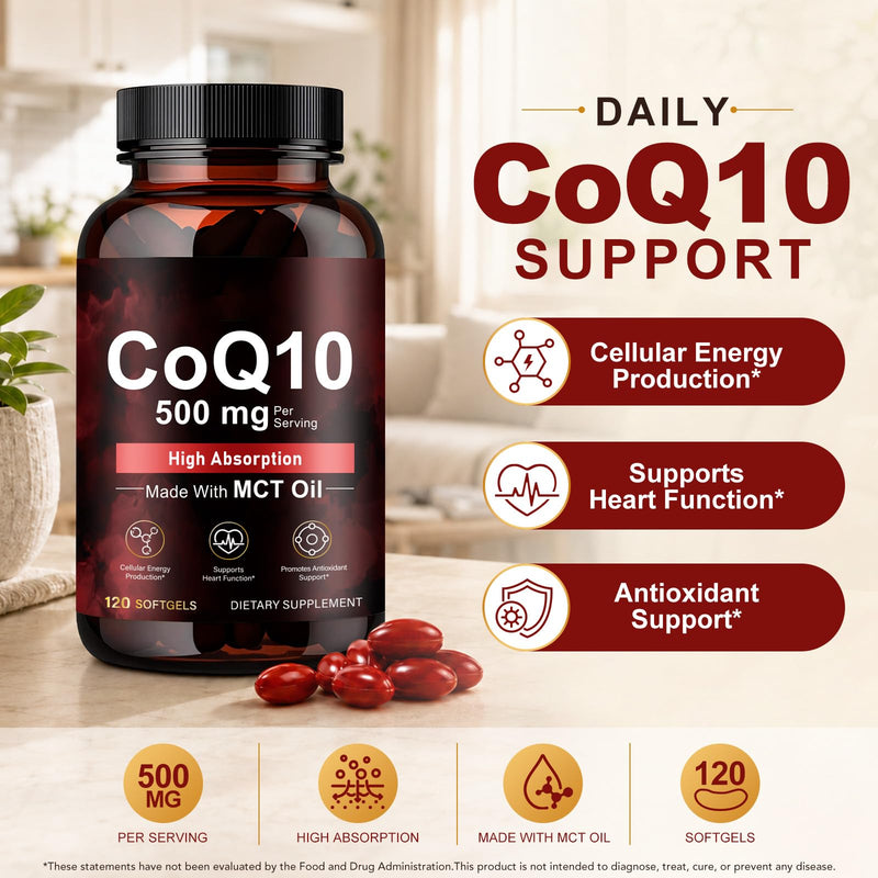 CoQ10 Softgel Capsules 120 Count, High Strength Coenzyme Q10 with MCT Coconut Oil, Supports Natural Energy Production & Heart Function | Non-GMO, Gluten & Dairy Free