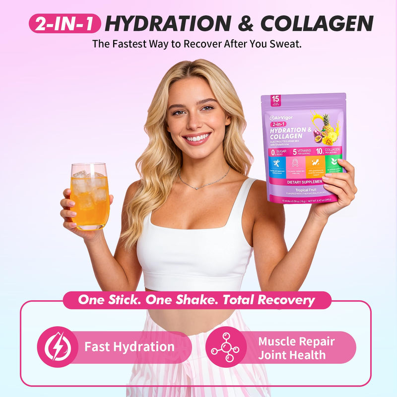 Collagen Electrolyte Powder, 10g Collagen, Tropical Fruit, 15 Ct | Zero sugar drink mix packets for post-workout hydration and recovery, with 5 vitamins, glutathione, joint and skin support
