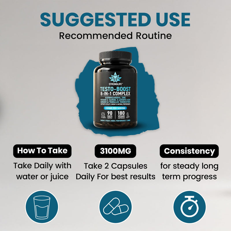 Testosterone Booster Supplement | with D-Aspartic Acid, Tribulus, Zinc, TA Root Extract & Vitamin D3 | 200:1 Extract | 90-Day Supply | Strength, Energy & Vitality | 180 Vegan Capsules