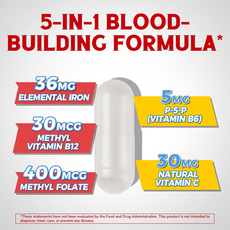 Iron Supplement for Women & Men, with Vitamins C, B6, B12 & Folate | for Iron Deficiency, Blood Building & Energy Support, Stomach Friendly, Better Absorption, Non-GMO,No Gluten,120 Vegan Caps 120 Count (Pack of 1)