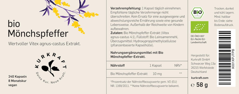 [Australia] - KURKRAFT ORGANIC chasteberry capsules, high dosage (4:1 extract) - particularly small capsules - genuine organic Vitex Agnus Castus - from organic farming - carefully produced in Germany 