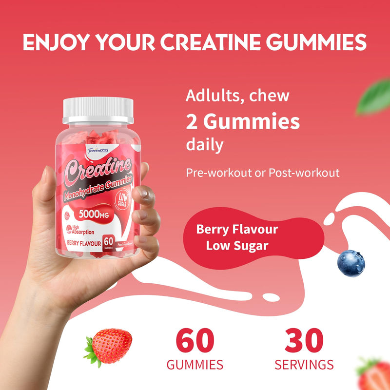 Creatine Gummies 5000mg, 5-in-1 Vegan Supplement with Taurine, B6 & B12, for Energy, Endurance & Muscle Builder, Low Sugar, High Absorption, Natural Berry, 60 Count 60 count (Pack of 1)