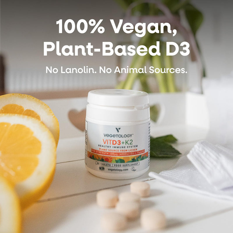 Vegetology Vegan Vitamin D3 K2 4000 IU - Plant-Based Vitamin D Tablets with K2 MK7 75μg - Bone, Muscle & Immune Support - 60 Tablets