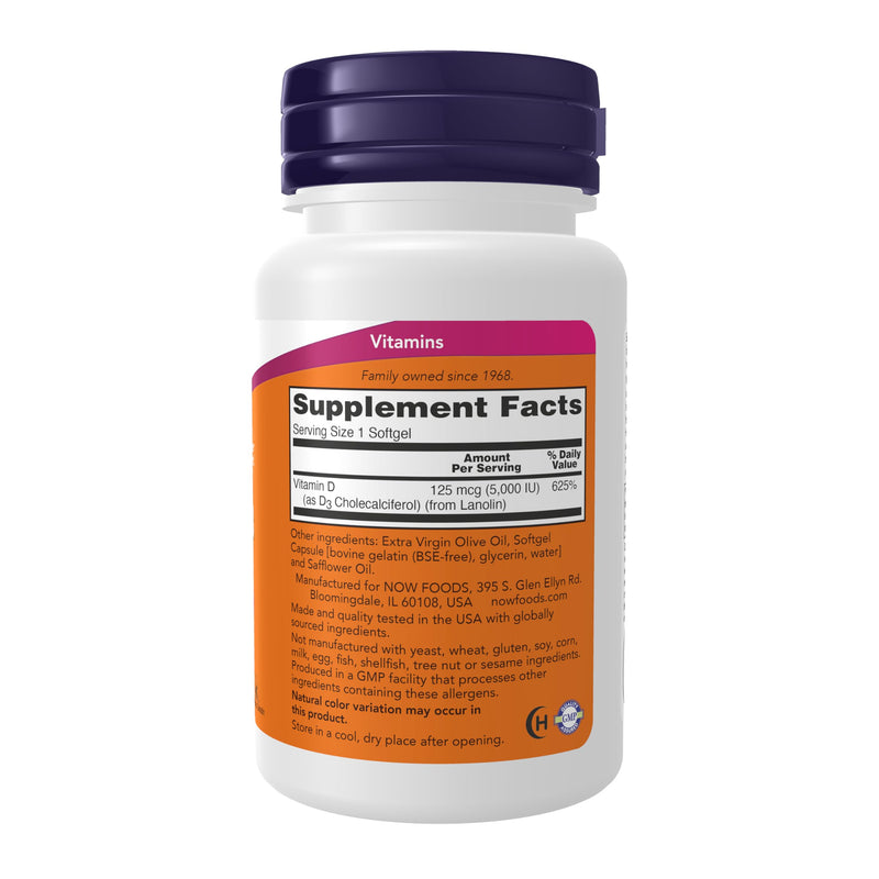 NOW Foods Supplements, Vitamin D-3 5,000 IU, High Potency, Structural Support*, 240 Softgels Vitamin D3 240 Count (Pack of 1)