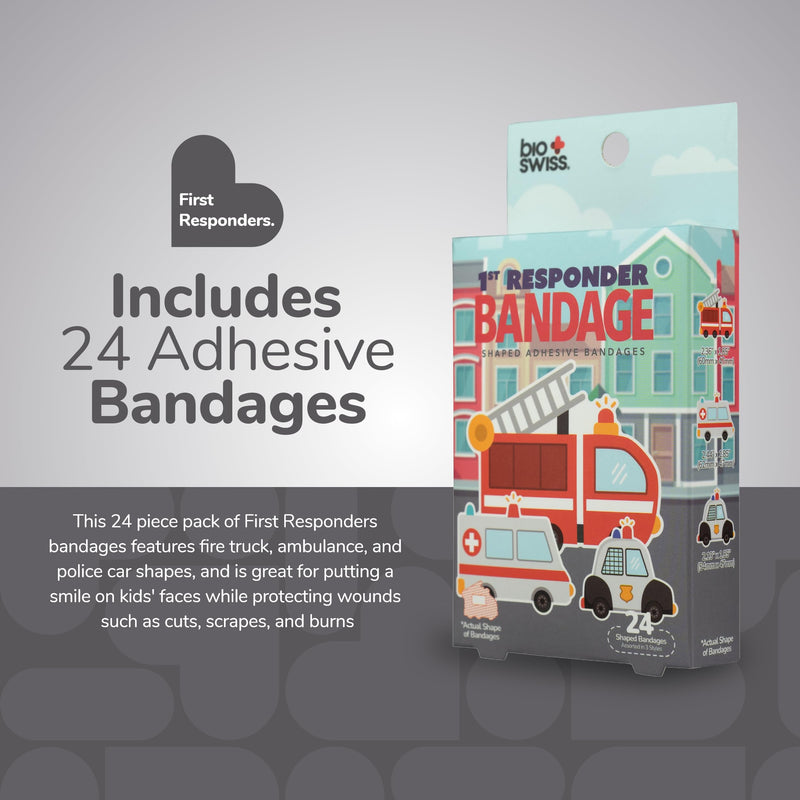 [Australia] - BioSwiss Bandages, First Responders Shaped Self Adhesive Bandage, Latex Free Sterile Wound Care, Fun First Aid Kit Supplies for Kids and Adults, 24 Count 24-Count Box 