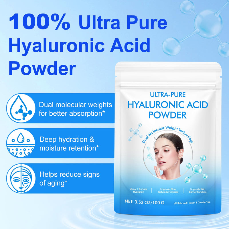 [Australia] - Hyaluronic Acid Powder for Skin (3.52 oz) - 100% Pure Hyaluronic Acid Powder, DIY Organic Hydrating Serum & Anti-Aging Ingredient, 1 Scoop = 1 Bottle of Essence 